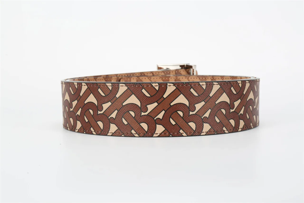 Burberry Marron Beige Monogramme Imprimé Boucle TB-Logo Métal Ceinture Cuir 13