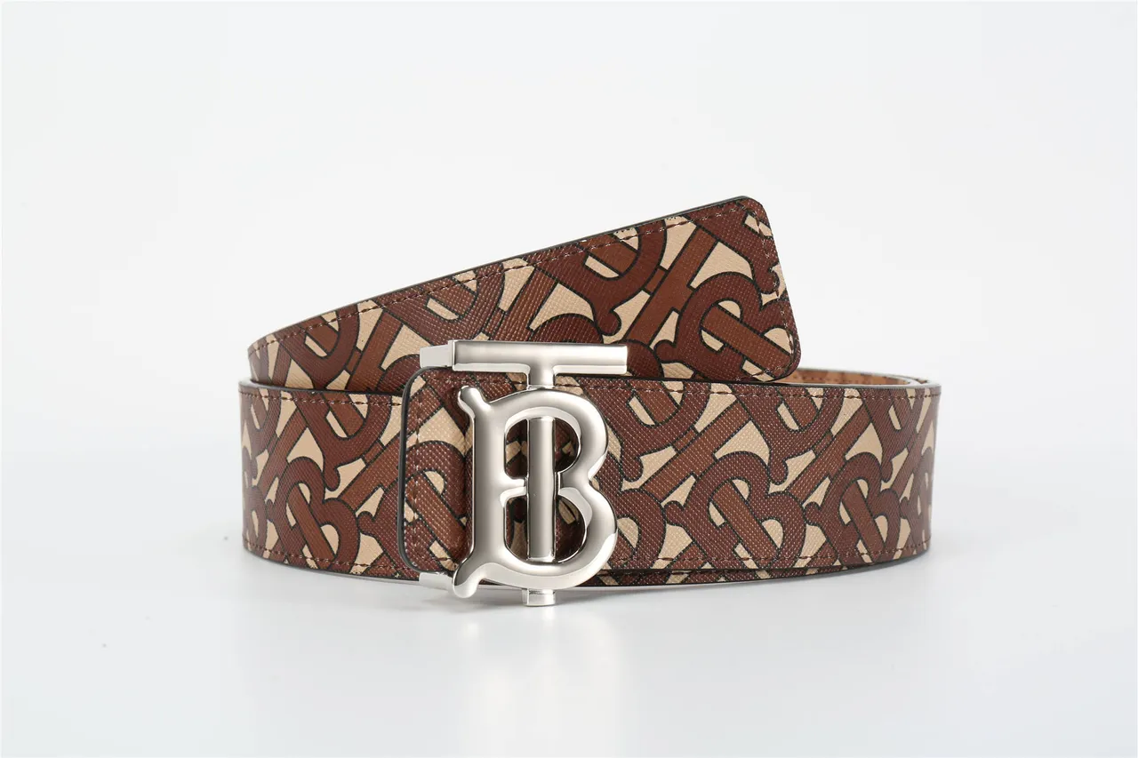 Burberry Marron Beige Monogramme Imprimé Boucle TB-Logo Métal Ceinture Cuir 14