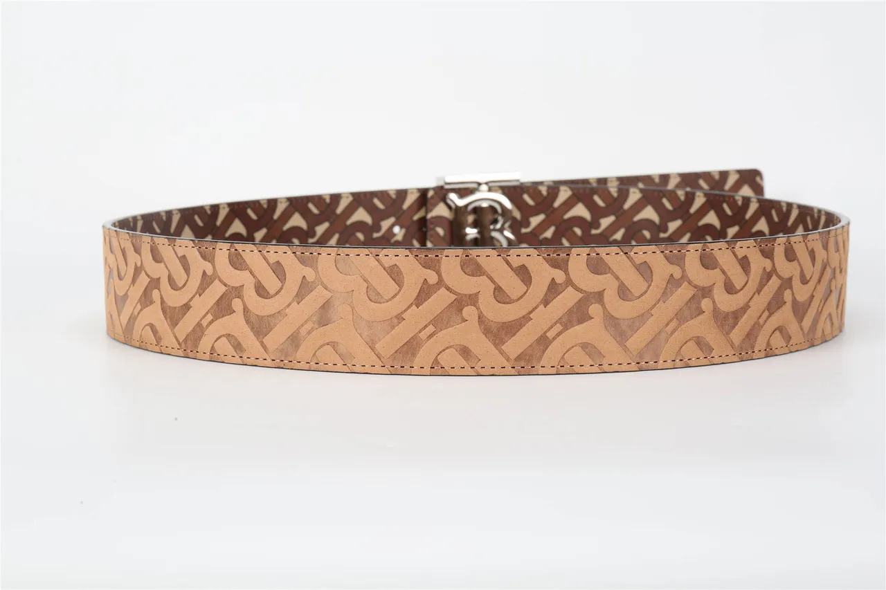 Burberry Marron Beige Monogramme Imprimé Boucle TB-Logo Métal Ceinture Cuir 16