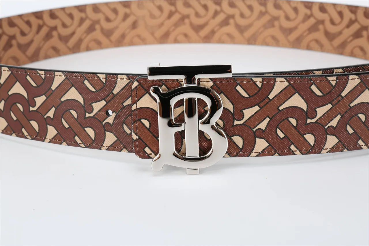 Burberry Marron Beige Monogramme Imprimé Boucle TB-Logo Métal Ceinture Cuir 17