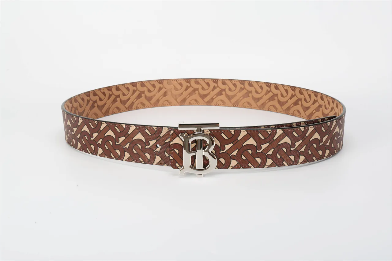 Burberry Marron Beige Monogramme Imprimé Boucle TB-Logo Métal Ceinture Cuir 18