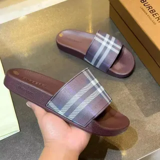 Burberry Burgundy Multicolor Molded Rubber Sole Wide Check-Pattern Strap Slippers