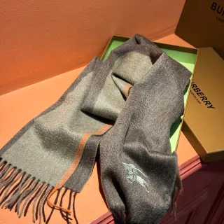 Burberry وشاح كشمير رمادي برتقالي مزيج ألوان كتلي مع حواف متشابكة