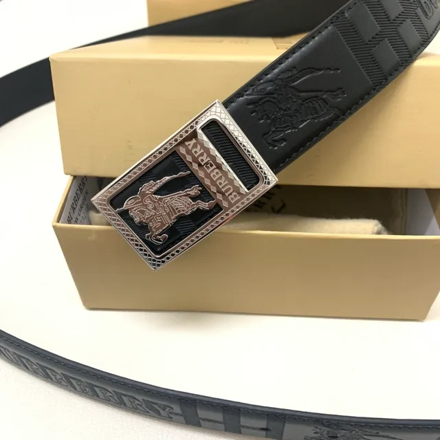 Burberry Knight Black Silver Embossed Equestrian Check Pattern Texture Leather Belt 2
