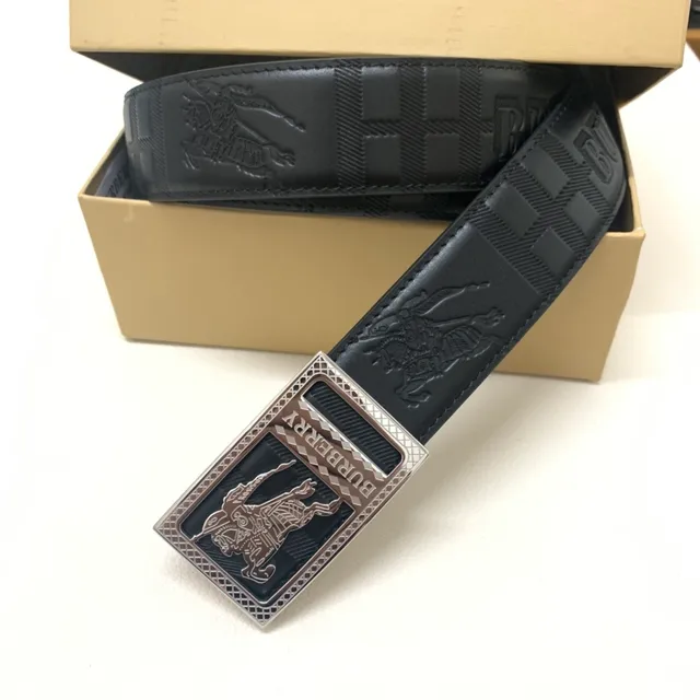 Burberry Knight Black Silver Embossed Equestrian Check Pattern Texture Leather Belt 3