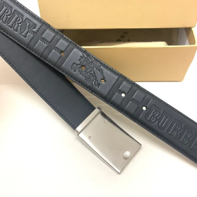 Burberry Knight Black Silver Embossed Equestrian Check Pattern Texture Leather Belt 4