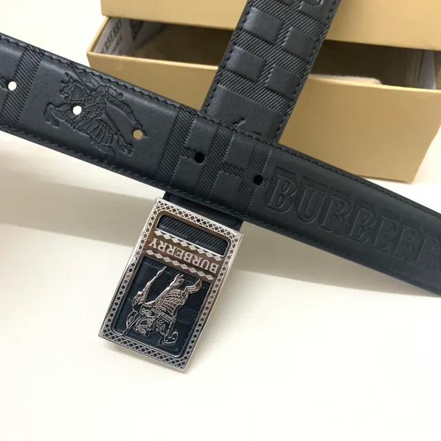 Burberry Knight Black Silver Embossed Equestrian Check Pattern Texture Leather Belt 5
