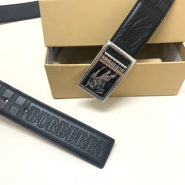 Burberry Knight Black Silver Embossed Equestrian Check Pattern Texture Leather Belt 6