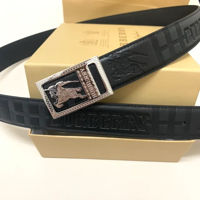 Burberry Knight Black Silver Embossed Equestrian Check Pattern Texture Leather Belt 7