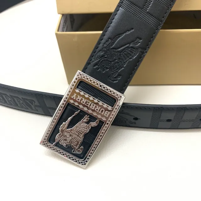 Burberry Knight Black Silver Embossed Equestrian Check Pattern Texture Leather Belt 8