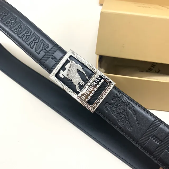 Burberry Knight Black Silver Embossed Equestrian Check Pattern Texture Leather Belt 9