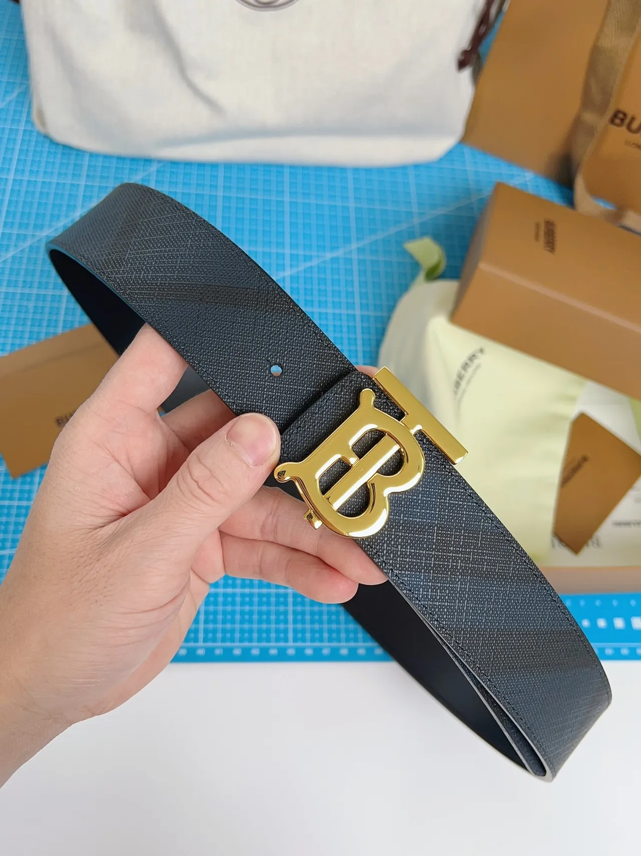 Burberry Knight Gold TB Monogram Navy Leather Belt 2