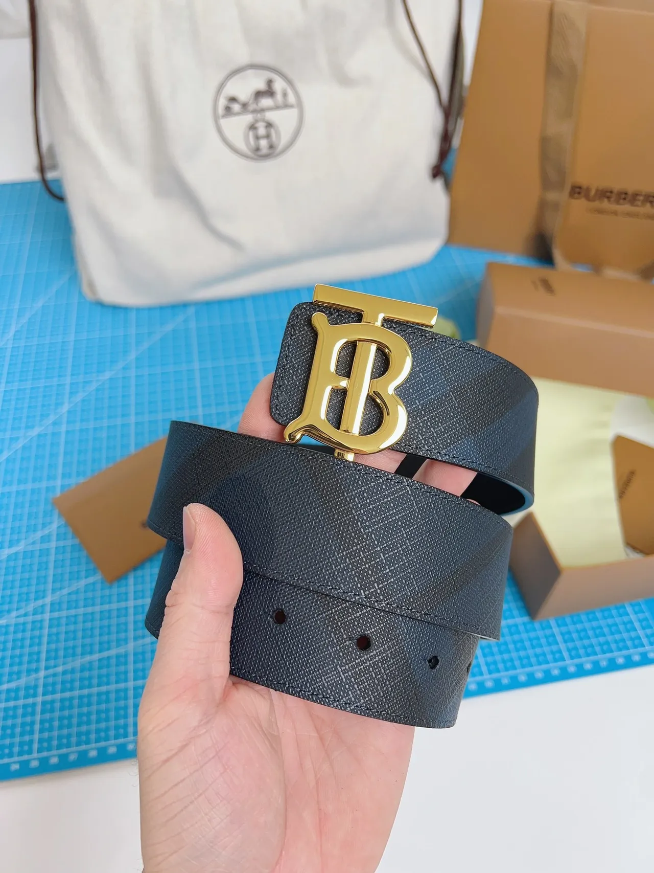 Burberry Knight Gold TB Monogram Navy Leather Belt 3