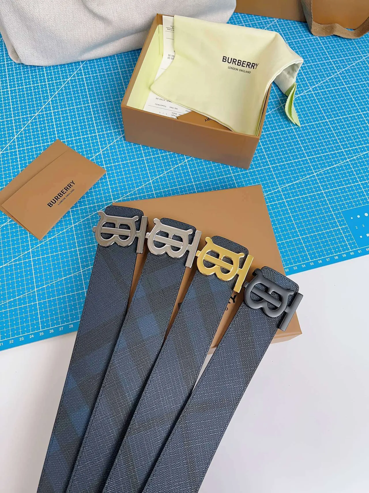 Burberry Knight Gold TB Monogram Navy Leather Belt 4