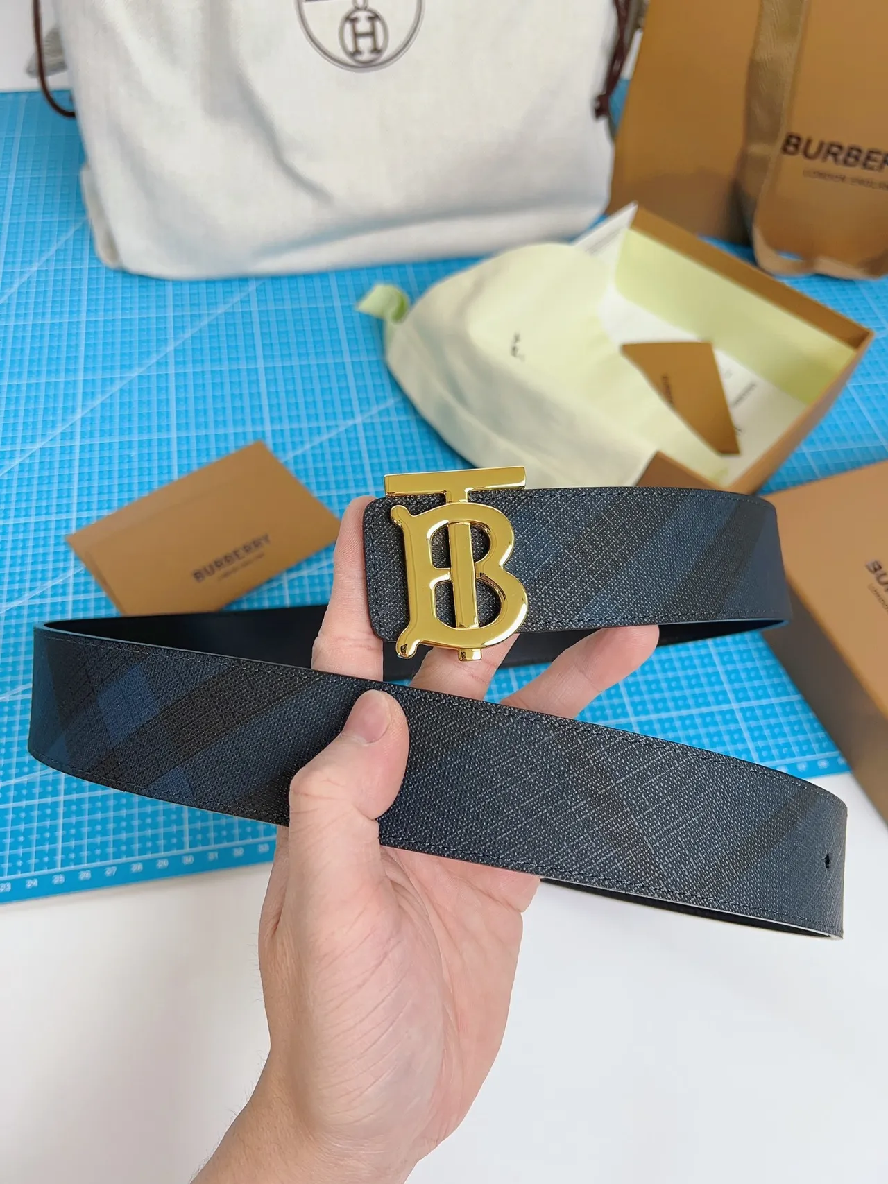 Burberry Knight Gold TB Monogram Navy Leather Belt 5