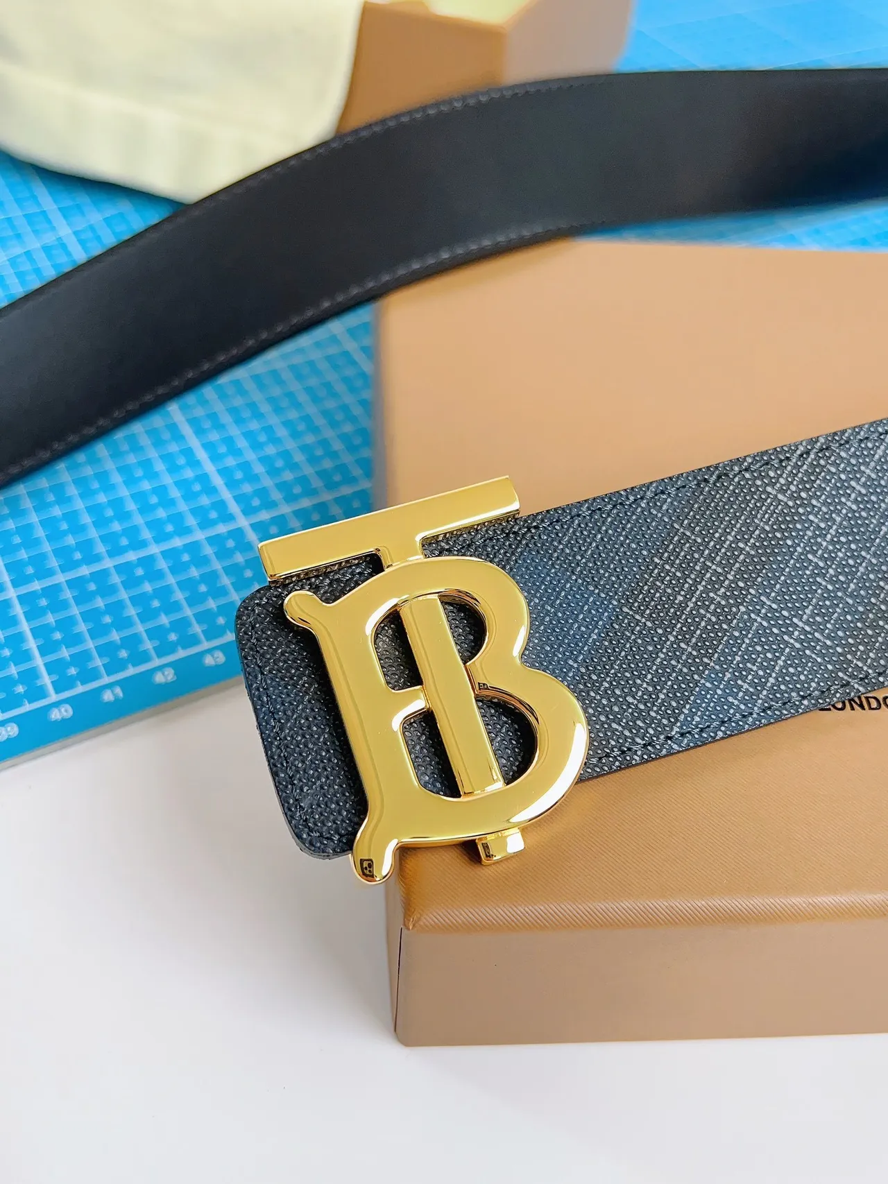 Burberry Knight Gold TB Monogram Navy Leather Belt 6