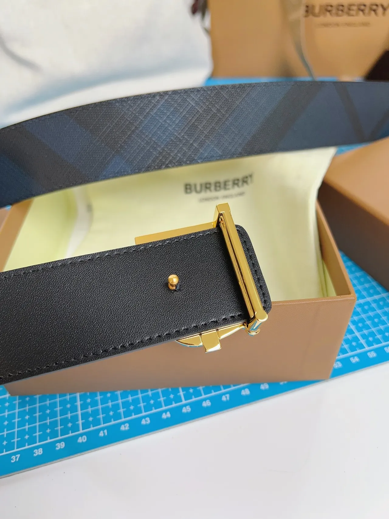 Burberry Knight Gold TB Monogram Navy Leather Belt 8