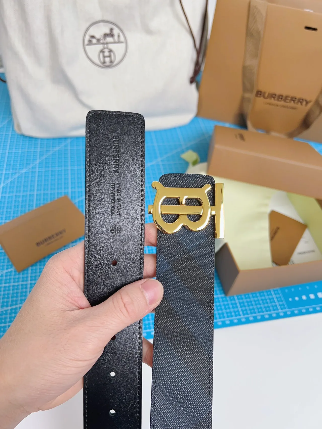 Burberry Knight Gold TB Monogram Navy Leather Belt 9