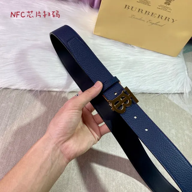 Burberry Knight Navy Blue Pebbled Leather Belt 4