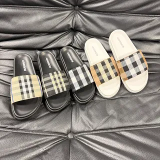 Burberry Slide Beige Black Single-Strap Check-Pattern Slippers