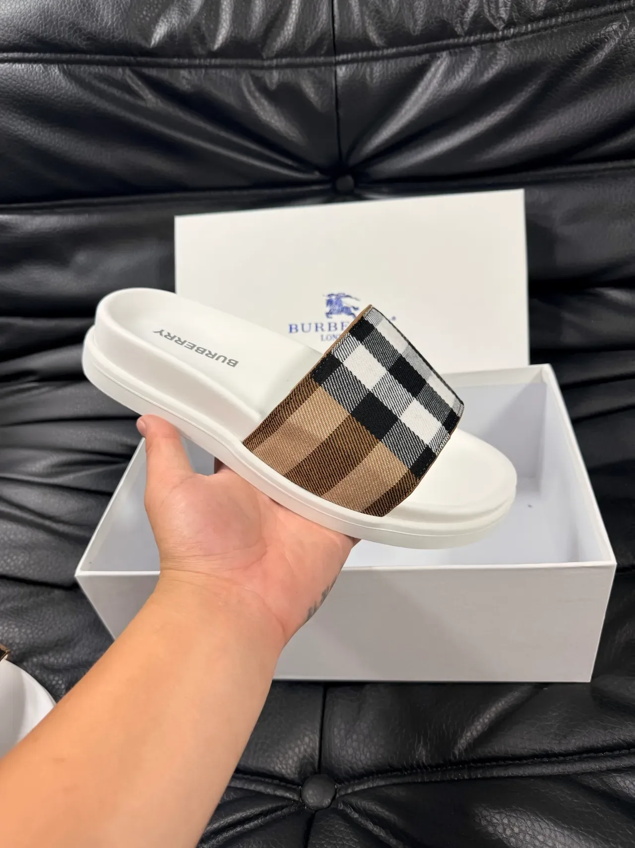 Burberry Slide Beige Black Single-Strap Check-Pattern Slippers 5