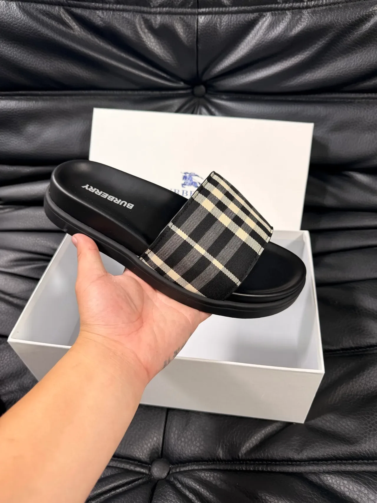 Burberry Slide Beige Black Single-Strap Check-Pattern Slippers 6