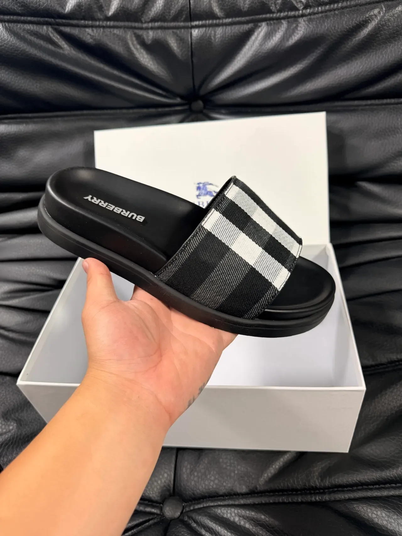 Burberry Slide Beige Black Single-Strap Check-Pattern Slippers 7