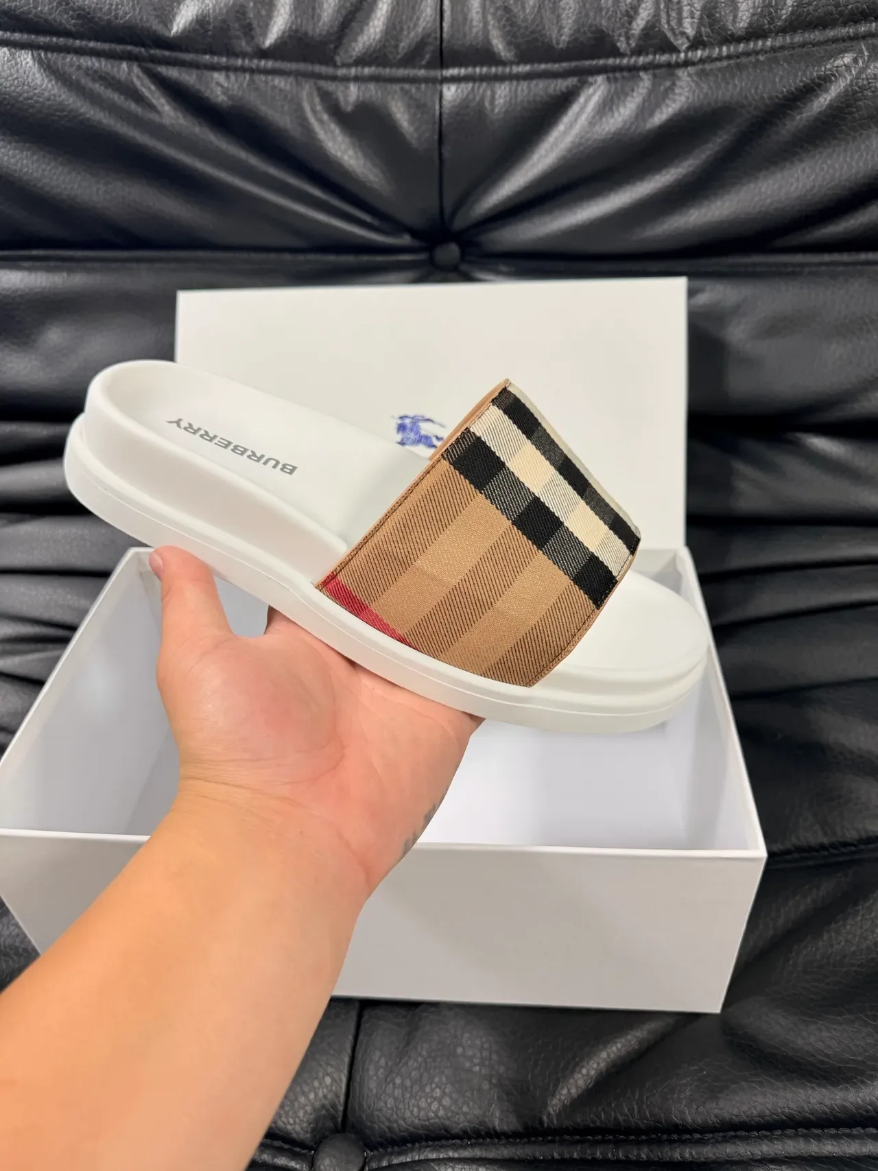 Burberry Slide Beige Black Single-Strap Check-Pattern Slippers 8