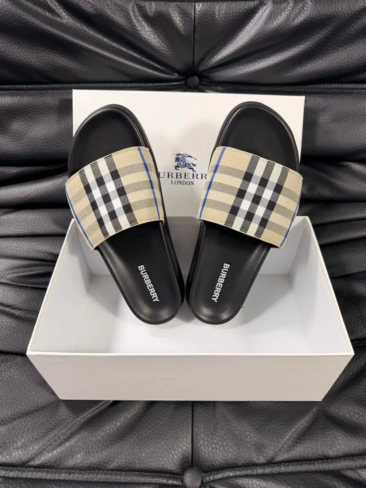 Burberry Slide Beige Black Single-Strap Check-Pattern Slippers 9