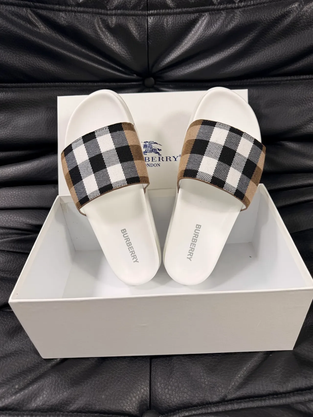 Burberry Slide Beige Black Single-Strap Check-Pattern Slippers 10