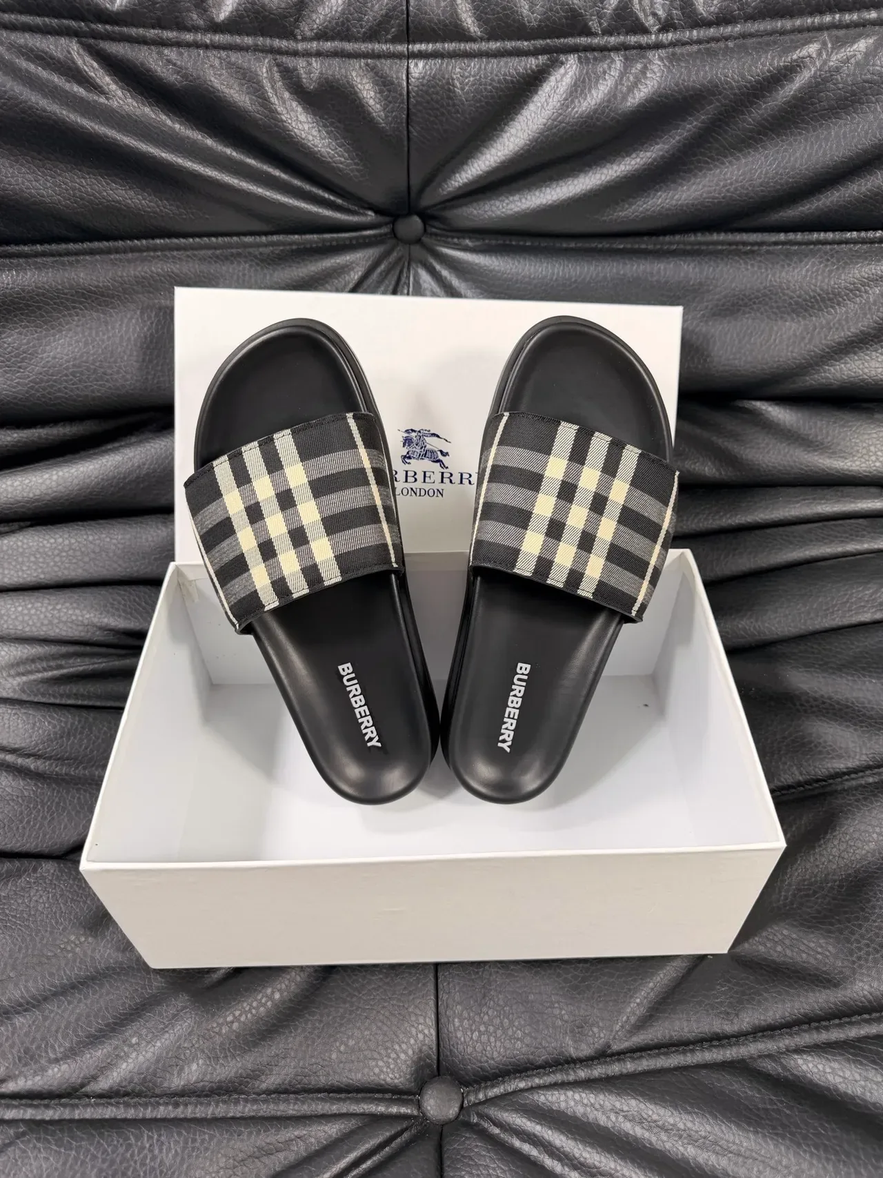 Burberry Slide Beige Black Single-Strap Check-Pattern Slippers 11