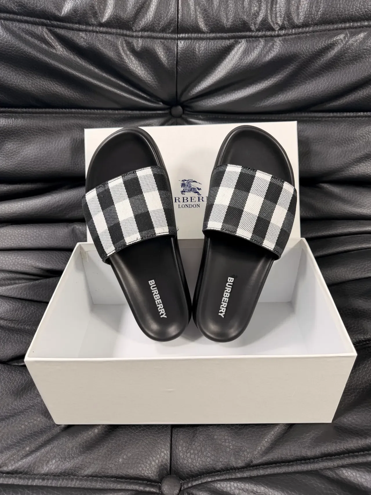 Burberry Slide Beige Black Single-Strap Check-Pattern Slippers 12