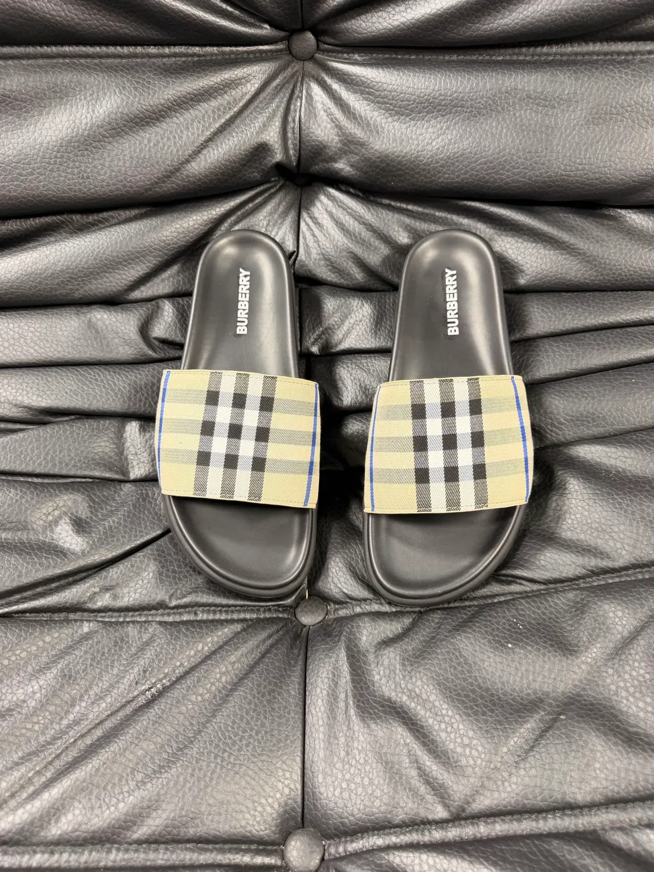 Burberry Slide Beige Black Single-Strap Check-Pattern Slippers 14