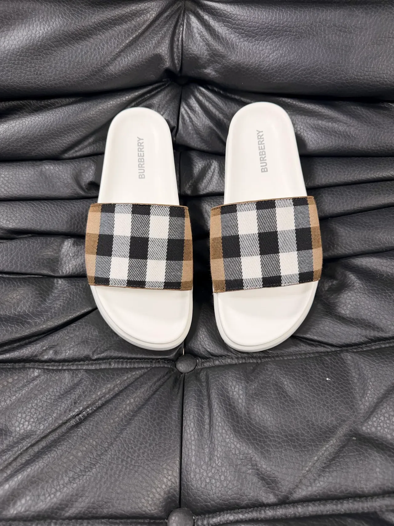 Burberry Slide Beige Black Single-Strap Check-Pattern Slippers 15