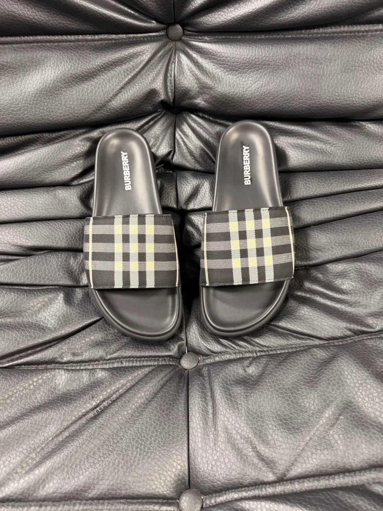Burberry Slide Beige Black Single-Strap Check-Pattern Slippers 16