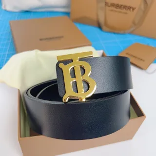 Burberry TB Belt काला चमड़ा सोने की रंग का मॉनोग्राम बकिल चमड़ा बेल्ट