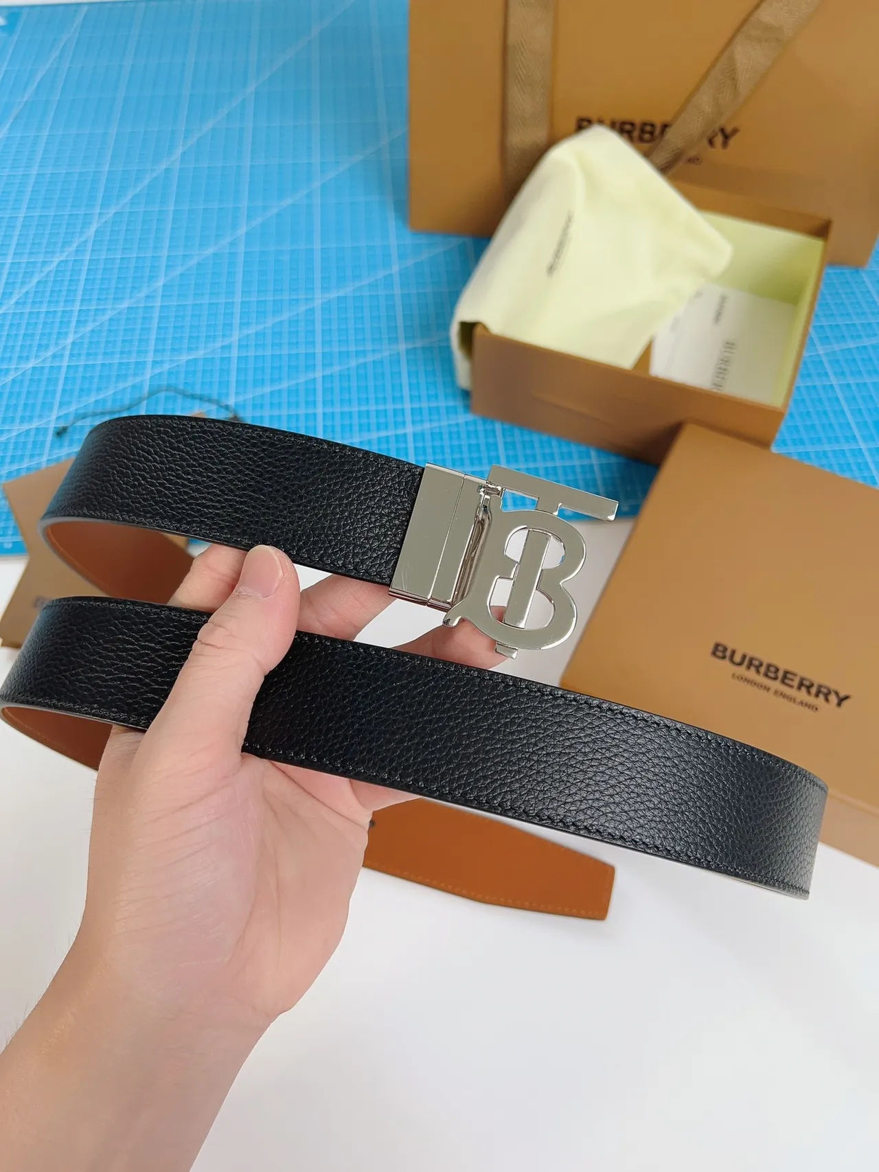 Burberry TB Belt Black Pebbled Leather Belt 4