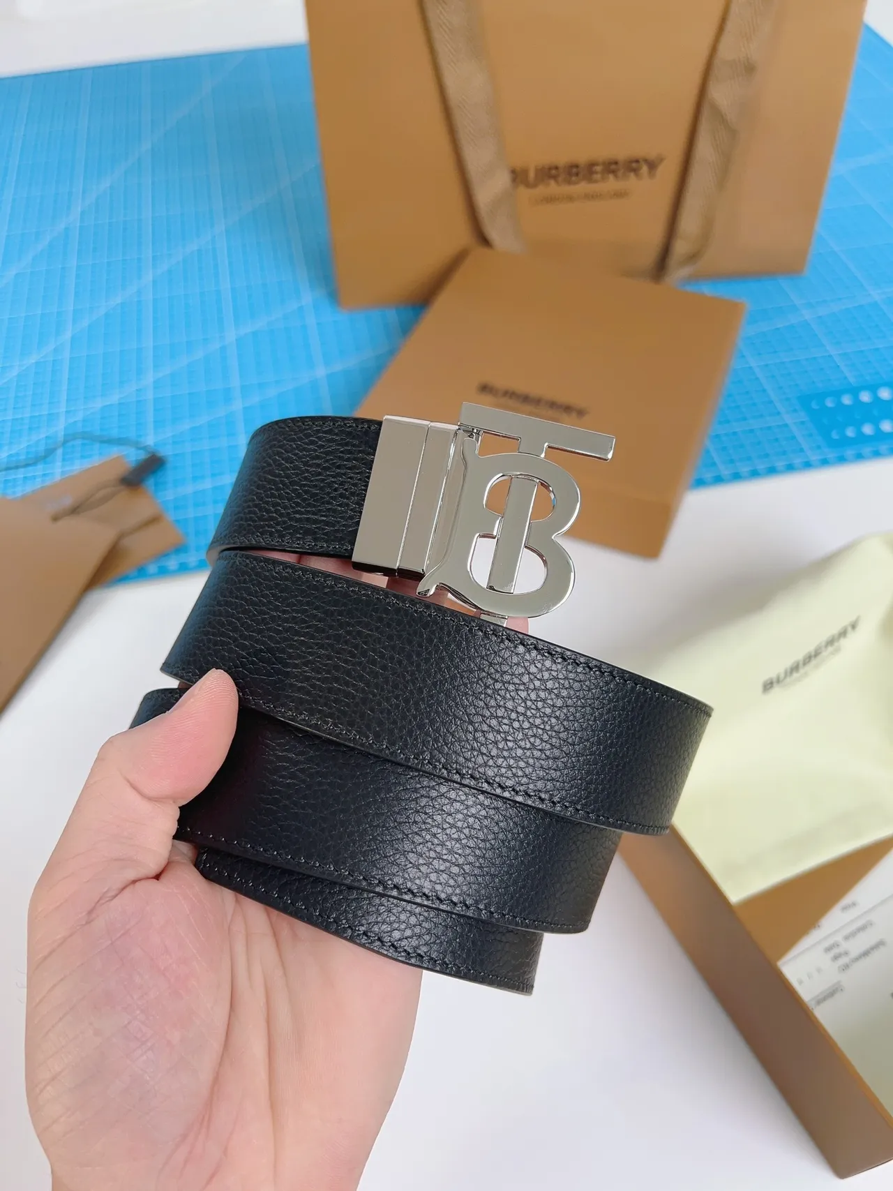 Burberry TB Belt Black Pebbled Leather Belt 6
