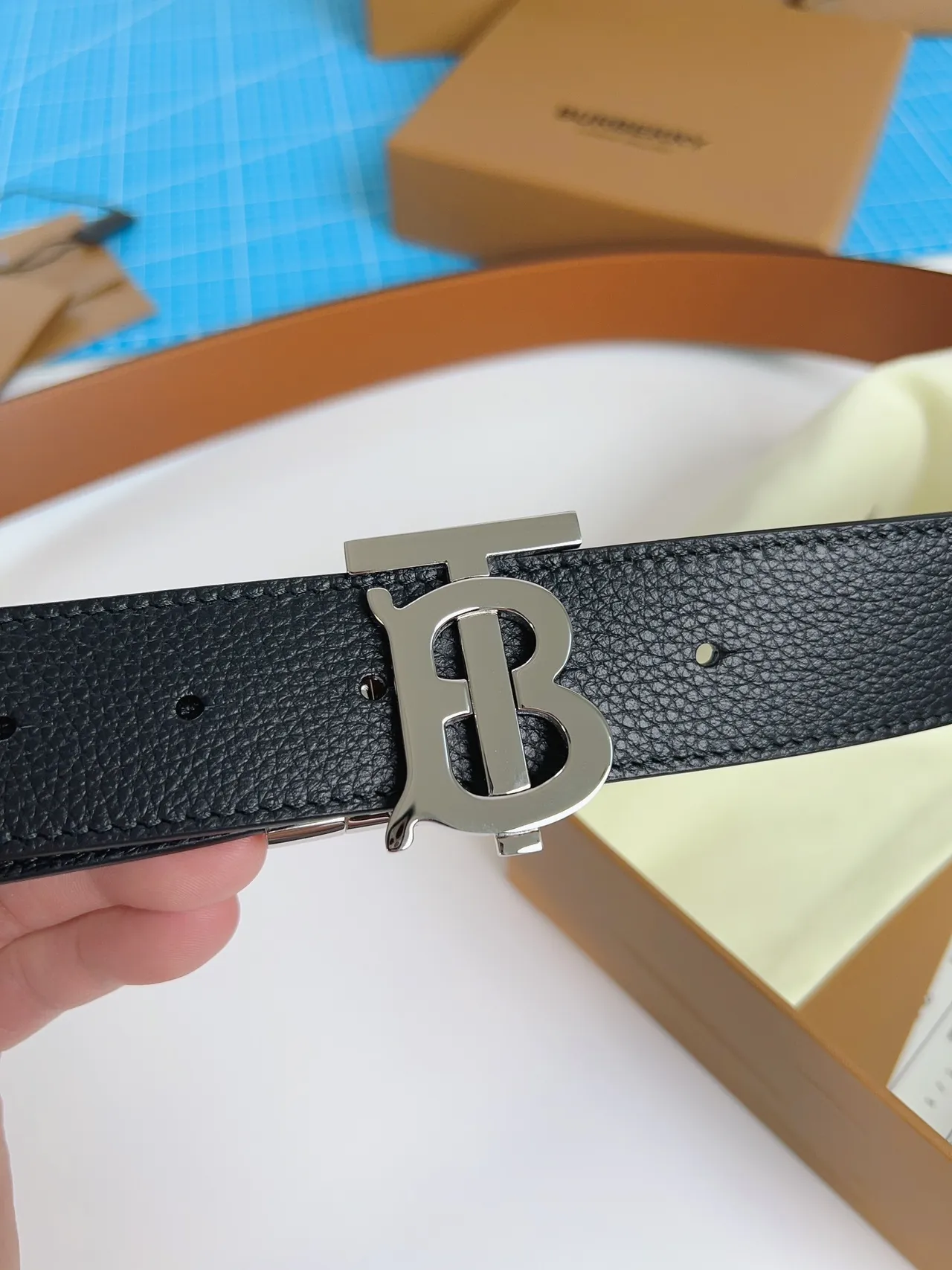 Burberry TB Belt Black Pebbled Leather Belt 7