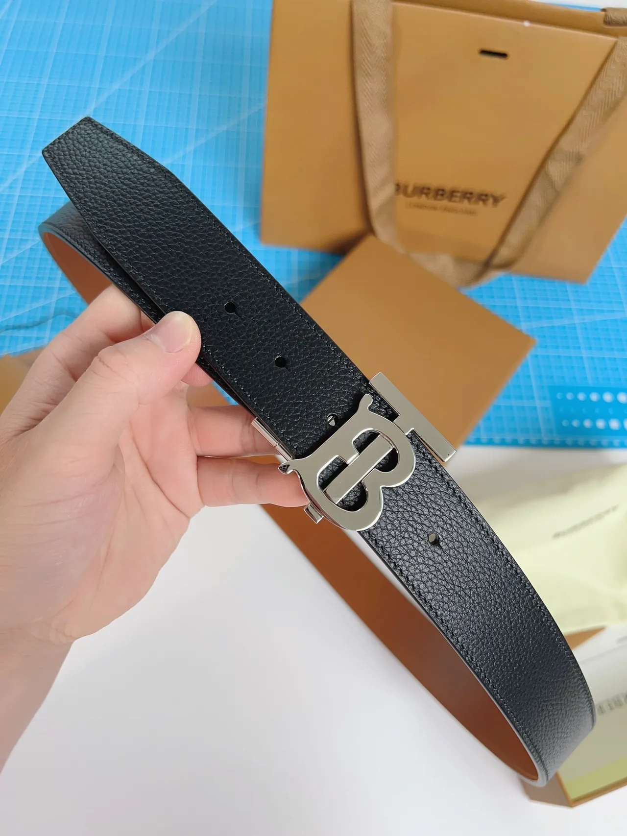 Burberry TB Belt Black Pebbled Leather Belt 8