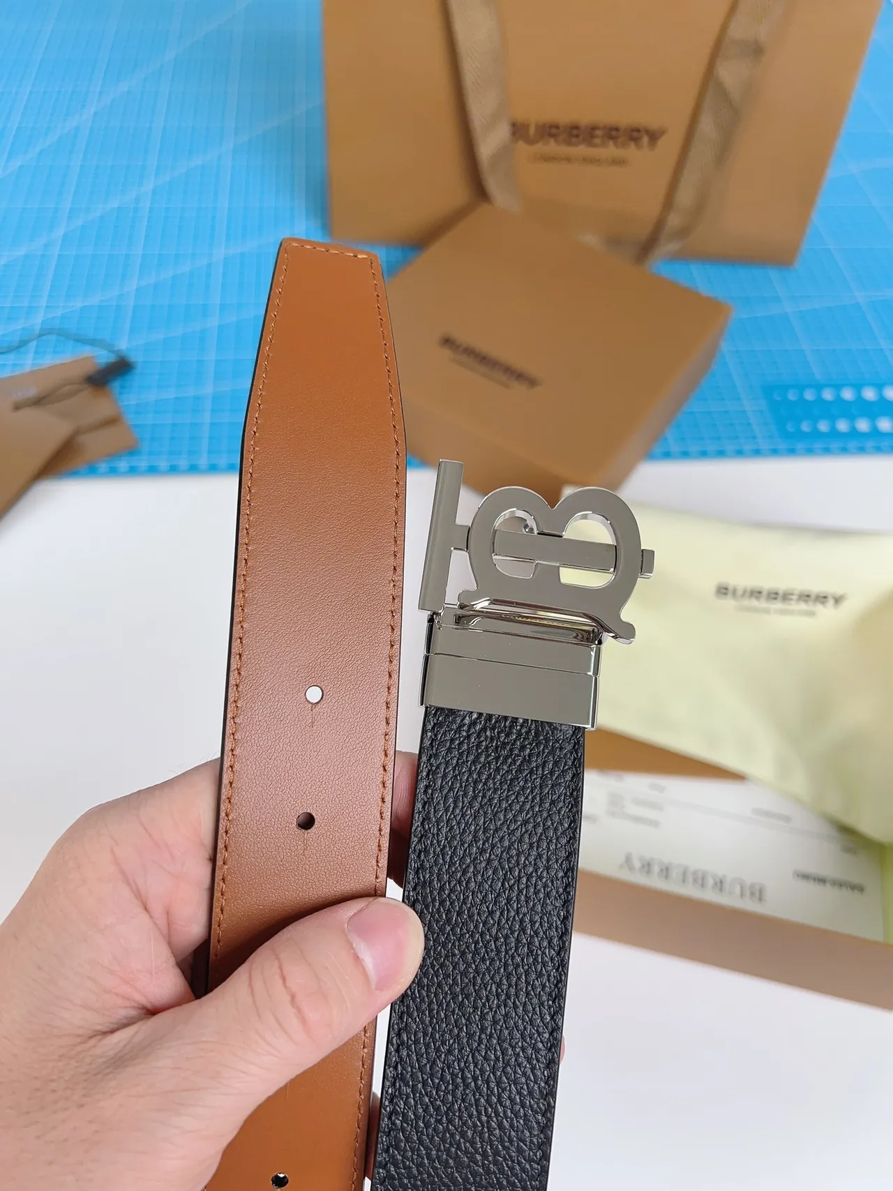Burberry TB Belt Black Pebbled Leather Belt 9