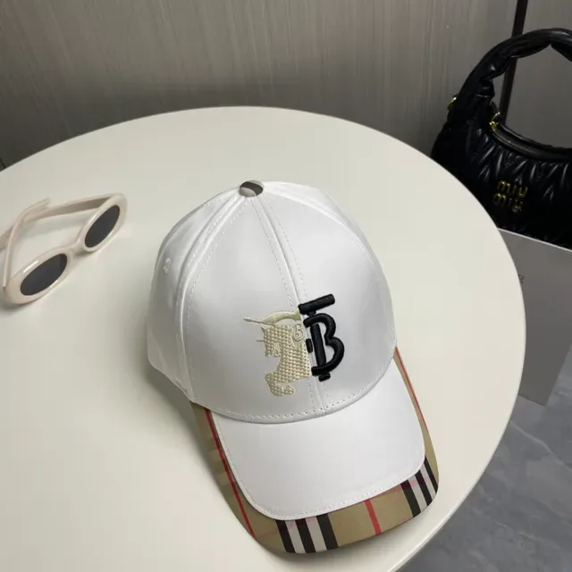 Burberry White Beige Structured Six-Panel Embroidered Monogram Baseball Cap 6