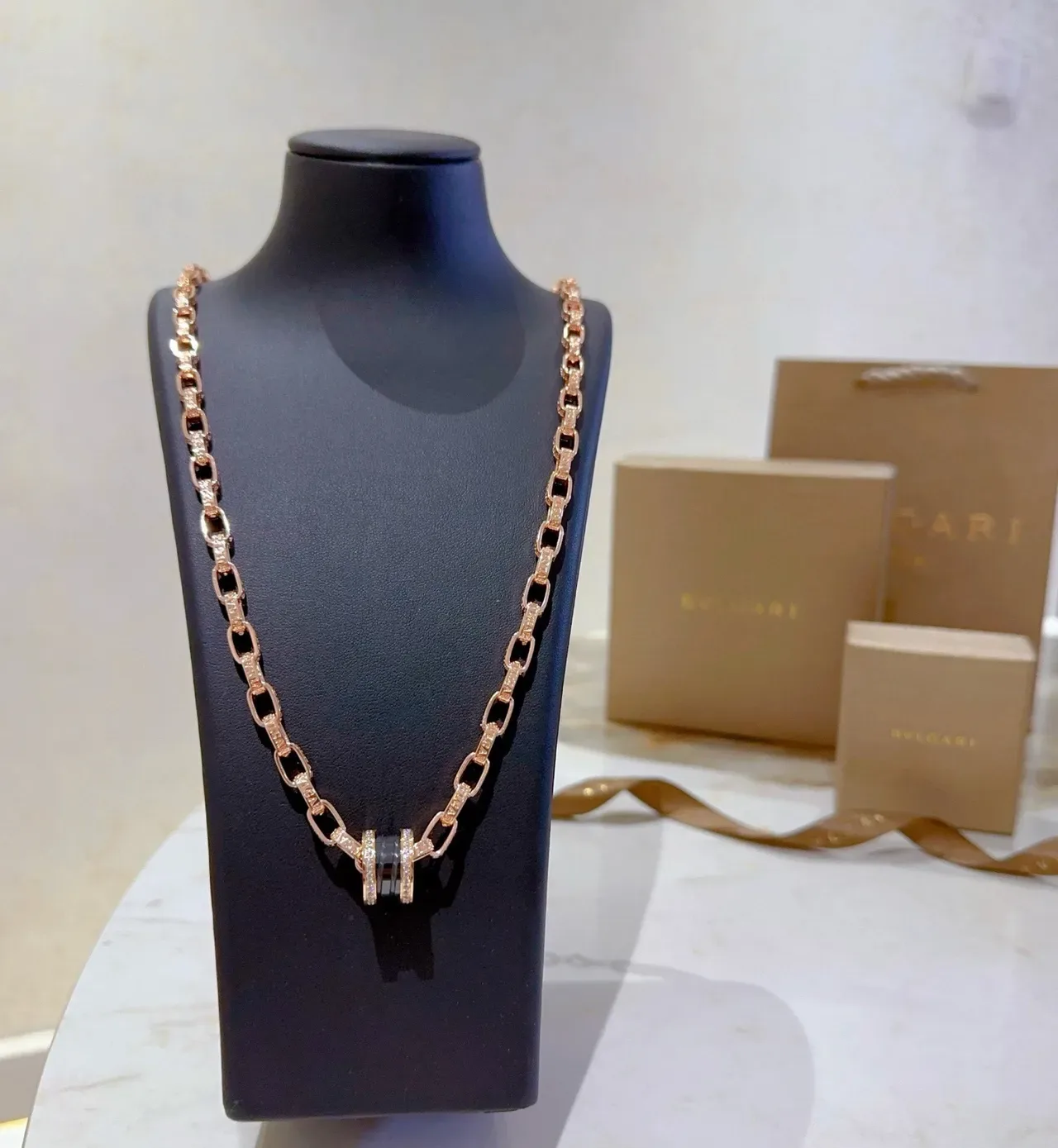 Bvlgari B.zero1 Or Rose Pavé Diamants Onyx Noir Collier 9