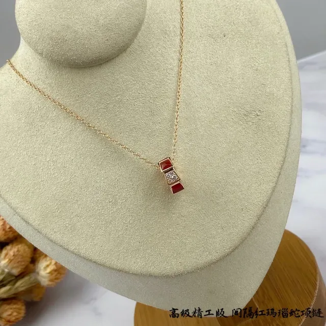 Bvlgari Geometric Red Enamel and Crystal Pendant Necklace 3