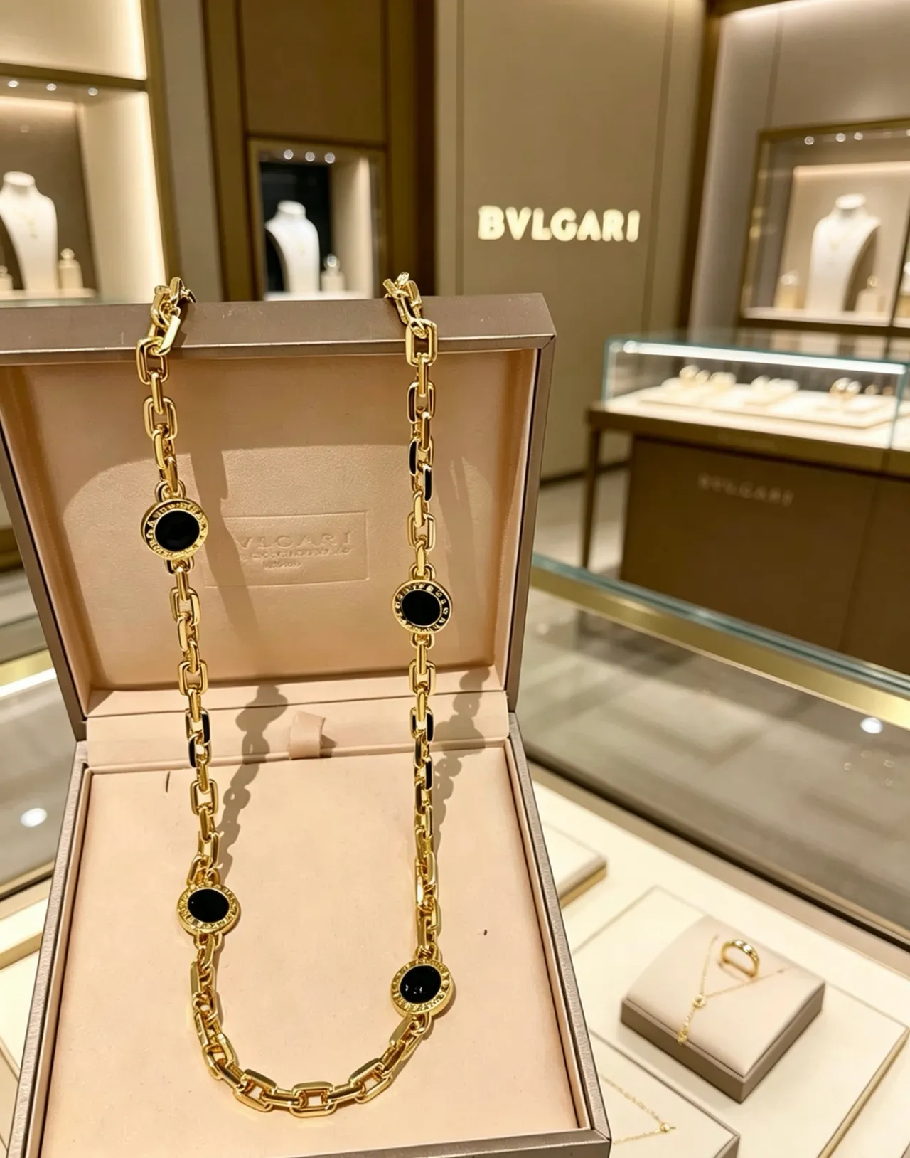 Bvlgari Chaîne dorée noire chunky à maillons courbés avec médaillons circulaires d'onyx 9
