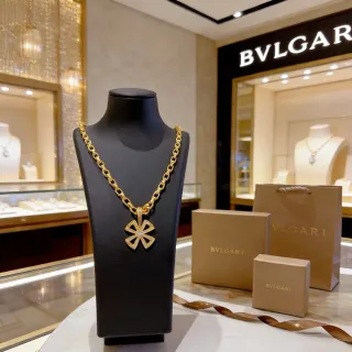 Bvlgari Gold White Chain Link Pavé Floral Cross Pendant Necklace