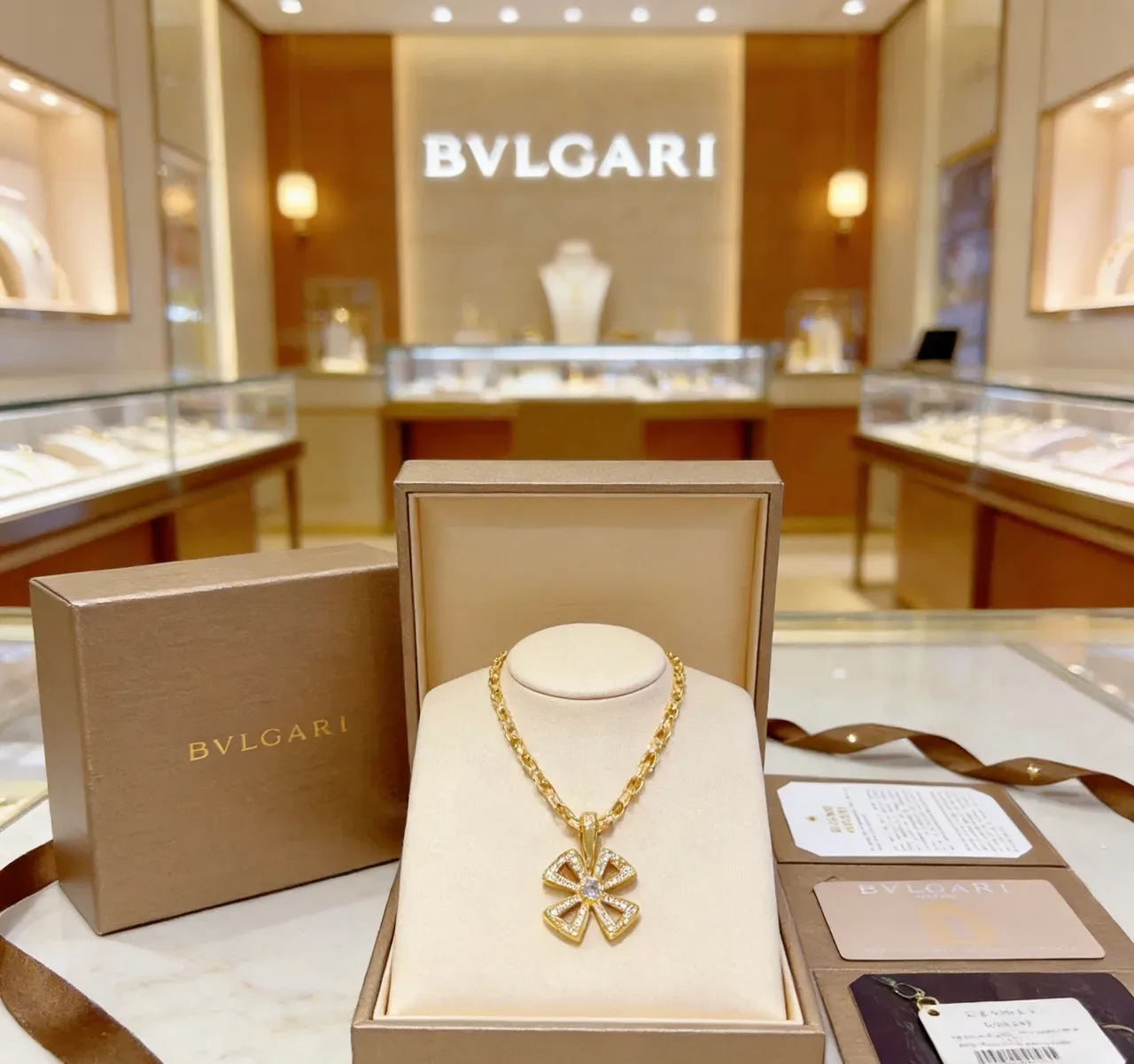 Bvlgari Gold White Chain Link Pavé Floral Cross Pendant Necklace 2
