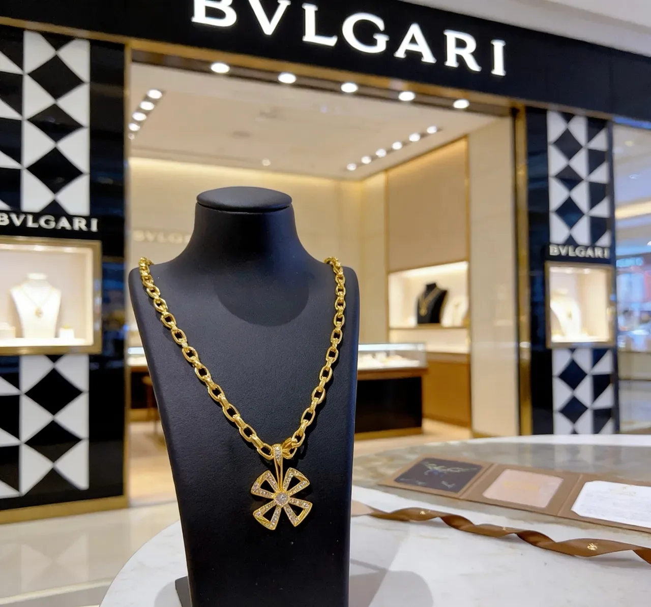 Bvlgari Gold White Chain Link Pavé Floral Cross Pendant Necklace 7