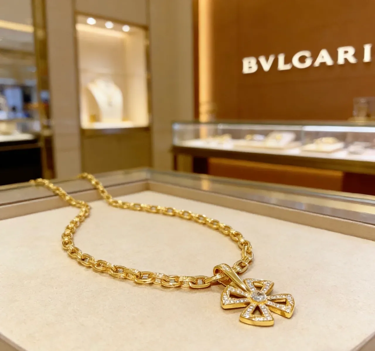 Bvlgari Gold White Chain Link Pavé Floral Cross Pendant Necklace 9