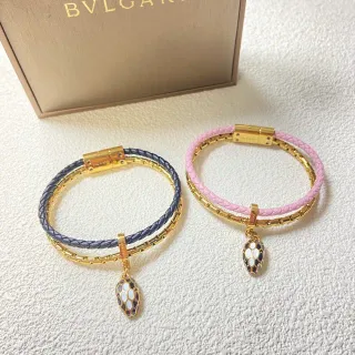 Bvlgari Serpenti Blue Pink Double-Wrap Braided Leather Gold-Tone Chain Overlay Bracelet